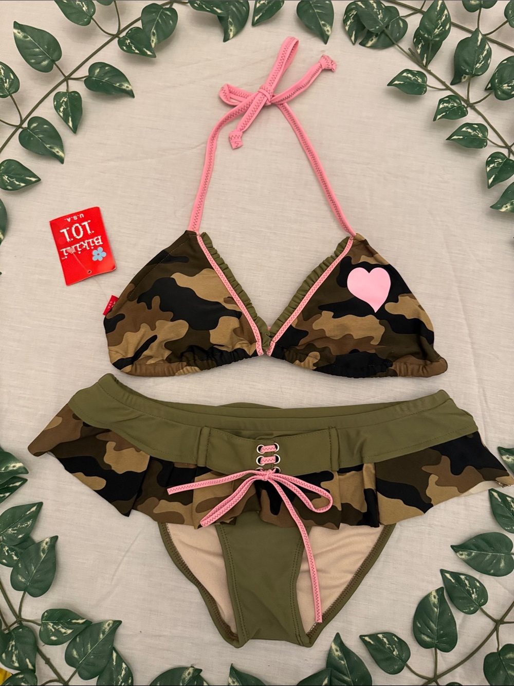 Camo Triangle Bikini with Pink Trim and Heart Accent